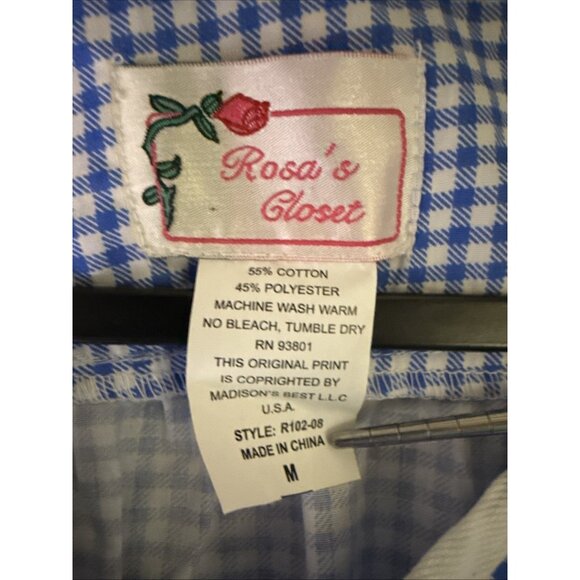 Vintage Blue Checked House Coat Size MEDIUM Front Snaps Pockets Rosa Closet - Picture 4 of 12